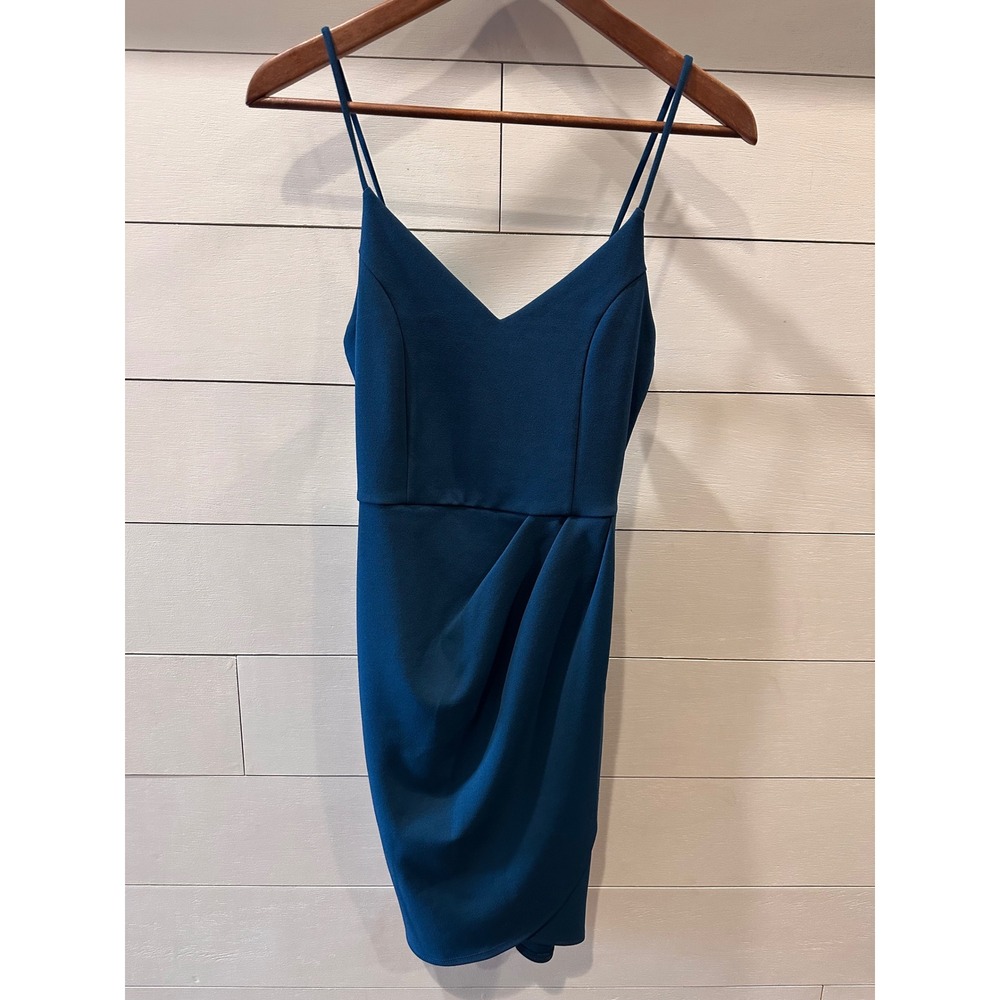 Lulus Teal Blue V-Neck Spaghetti Strap Tulip Wrap Bodycon Mini Dress Small